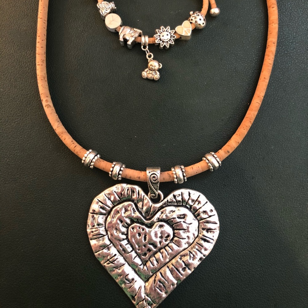 Matching silver heart choker necklace and bracelet